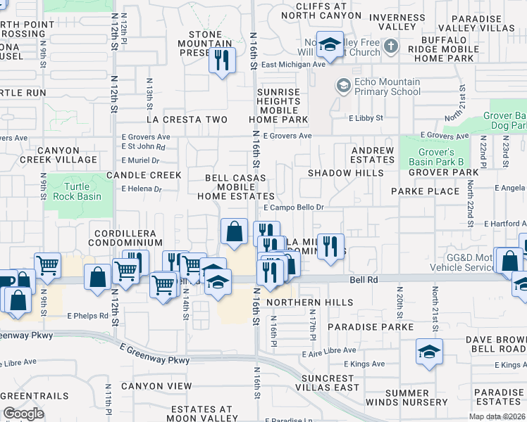 map of restaurants, bars, coffee shops, grocery stores, and more near 17237 North 15th Place in Phoenix