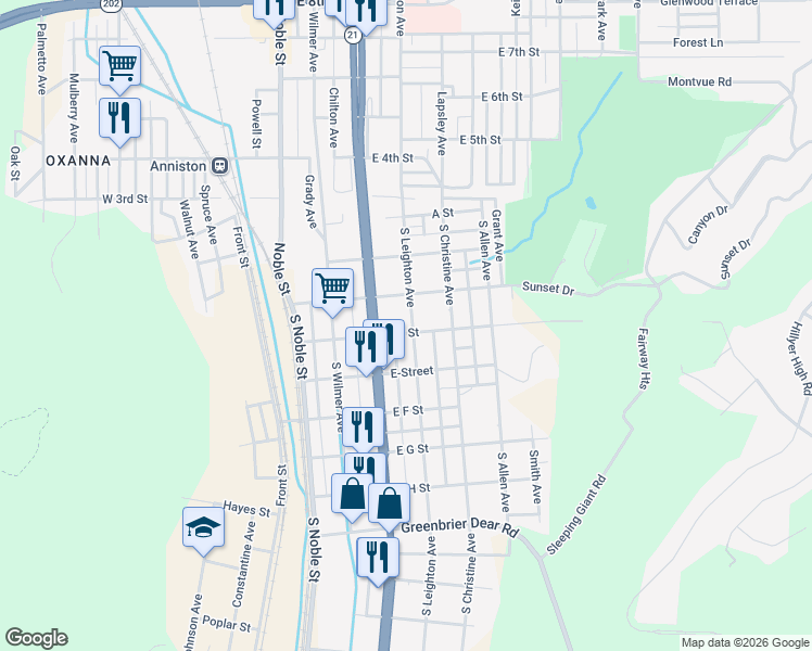 map of restaurants, bars, coffee shops, grocery stores, and more near 324 East D Street in Anniston