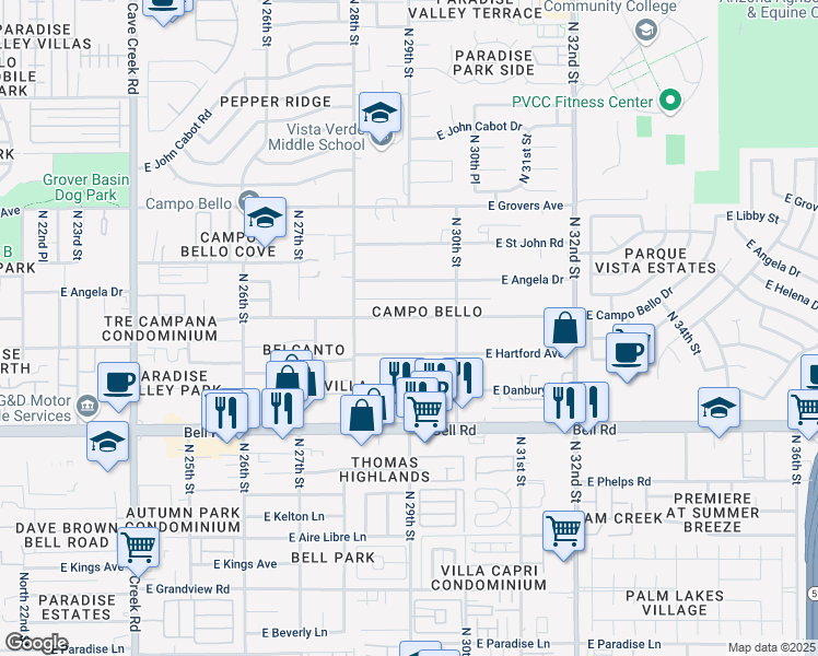 map of restaurants, bars, coffee shops, grocery stores, and more near 2901 East Campo Bello Drive in Phoenix