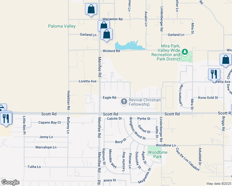 map of restaurants, bars, coffee shops, grocery stores, and more near 29126 Eagle Road in Menifee