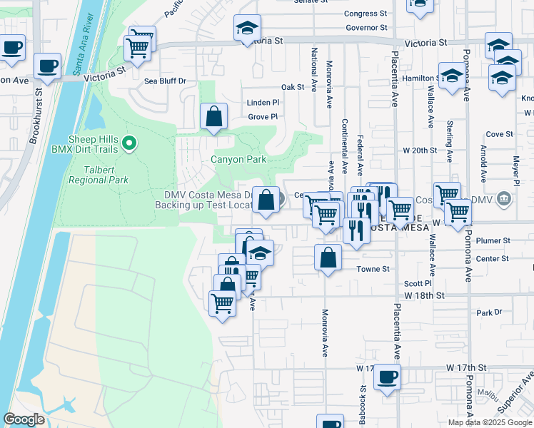 map of restaurants, bars, coffee shops, grocery stores, and more near 979 Arbor Street in Costa Mesa