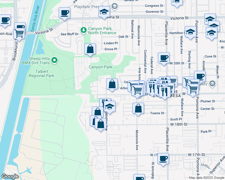 map of restaurants, bars, coffee shops, grocery stores, and more near 979 Arbor Street in Costa Mesa