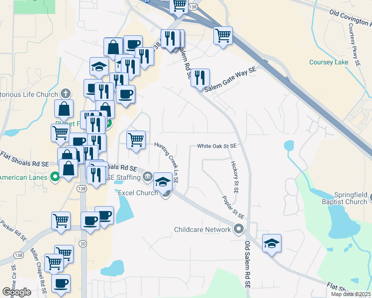 map of restaurants, bars, coffee shops, grocery stores, and more near 1749 Sara Court Southeast in Conyers