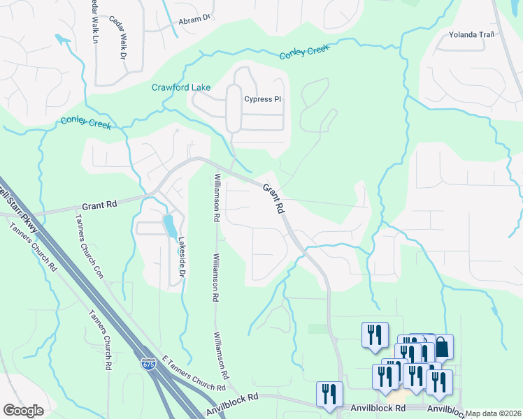 map of restaurants, bars, coffee shops, grocery stores, and more near 4029 Grant Road in Ellenwood