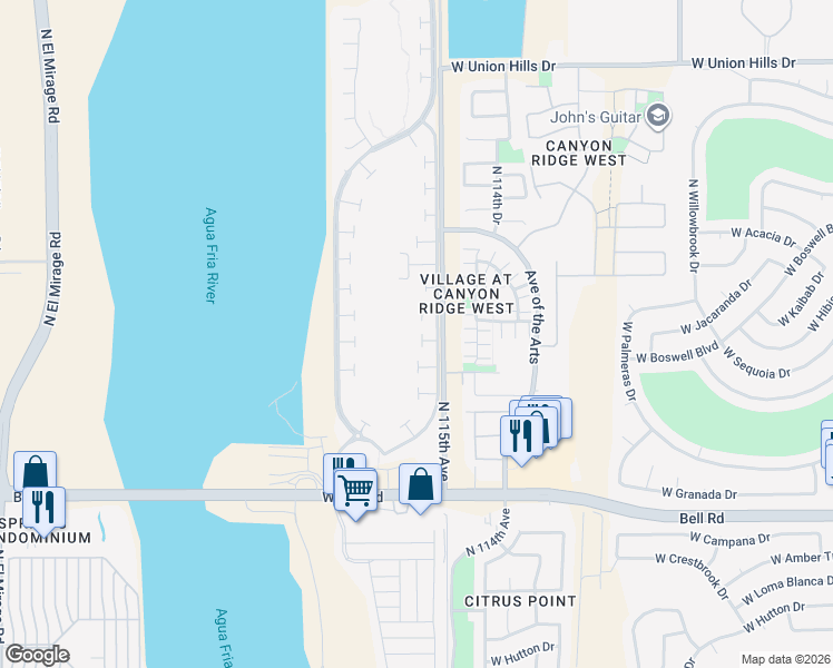 map of restaurants, bars, coffee shops, grocery stores, and more near 11552 West Cottontail Court in Surprise