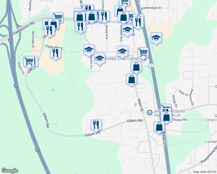 map of restaurants, bars, coffee shops, grocery stores, and more near 4358 Shivas Way in Gardendale