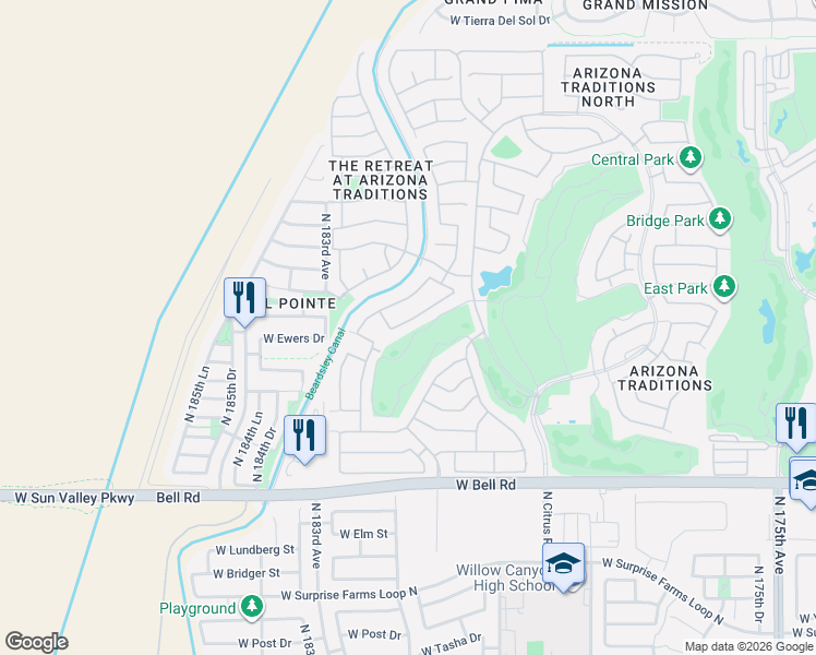 map of restaurants, bars, coffee shops, grocery stores, and more near 17601 North Goldwater Drive in Surprise