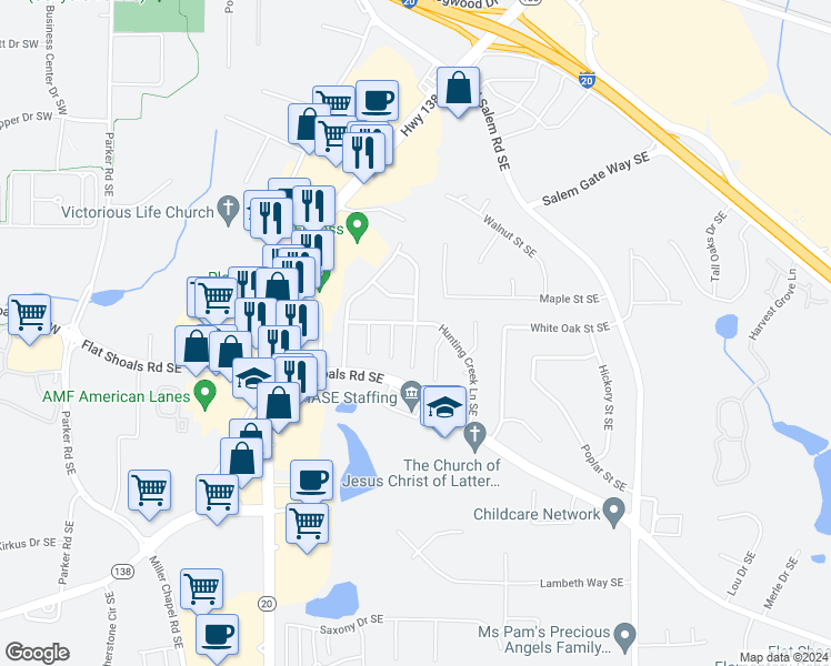map of restaurants, bars, coffee shops, grocery stores, and more near 1725 Bob White Lane Southeast in Conyers