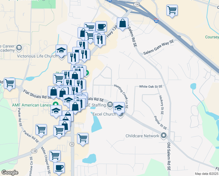 map of restaurants, bars, coffee shops, grocery stores, and more near 1740 Bob White Lane Southeast in Conyers