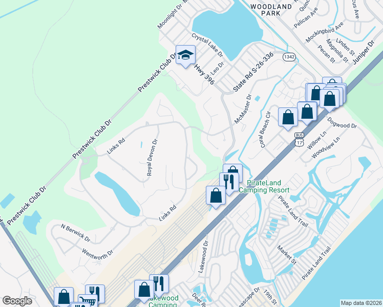 map of restaurants, bars, coffee shops, grocery stores, and more near 201 Pipers Lane in Myrtle Beach