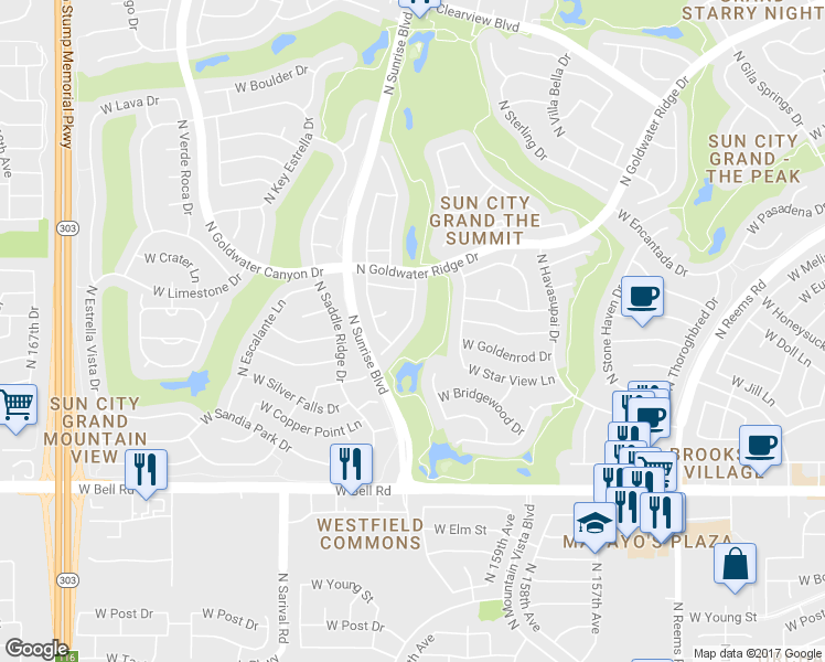 map of restaurants, bars, coffee shops, grocery stores, and more near 17529 North Eagle Crest Drive in Surprise