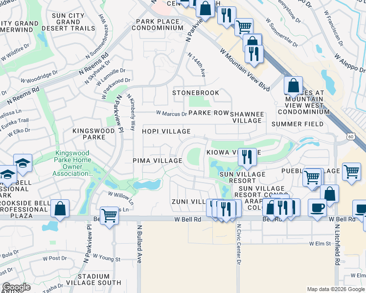 map of restaurants, bars, coffee shops, grocery stores, and more near 17531 North Rainbow Circle in Surprise