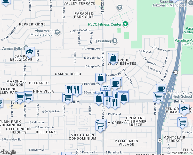 map of restaurants, bars, coffee shops, grocery stores, and more near 3146 East Hartford Avenue in Phoenix