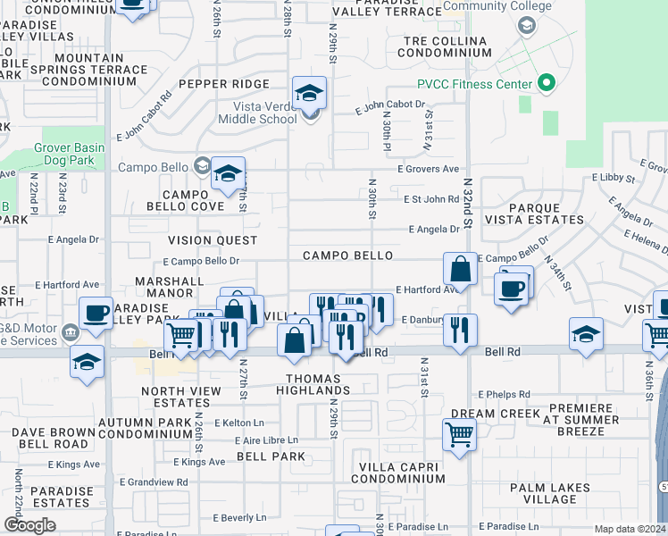 map of restaurants, bars, coffee shops, grocery stores, and more near 2901 East Campo Bello Drive in Phoenix