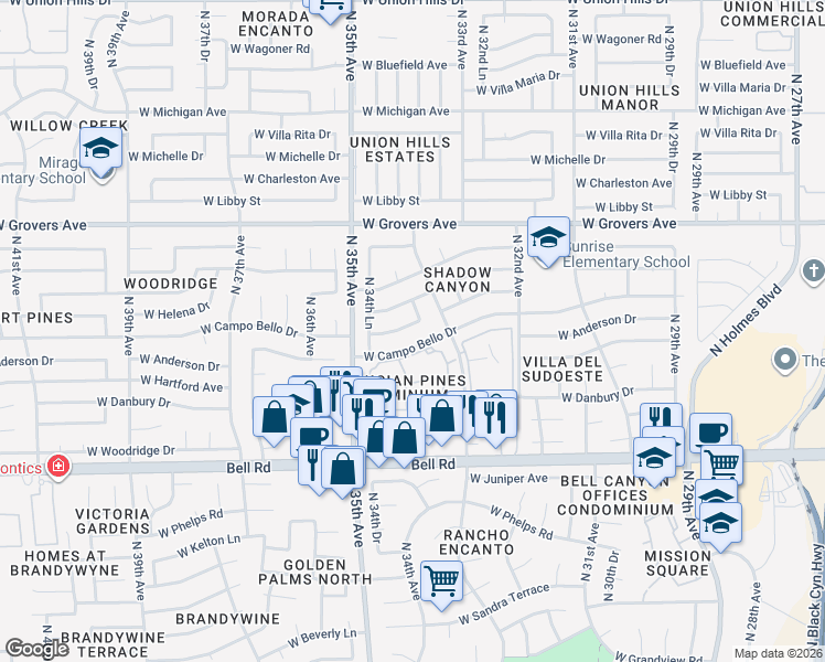 map of restaurants, bars, coffee shops, grocery stores, and more near 3444 West Campo Bello Drive in Phoenix