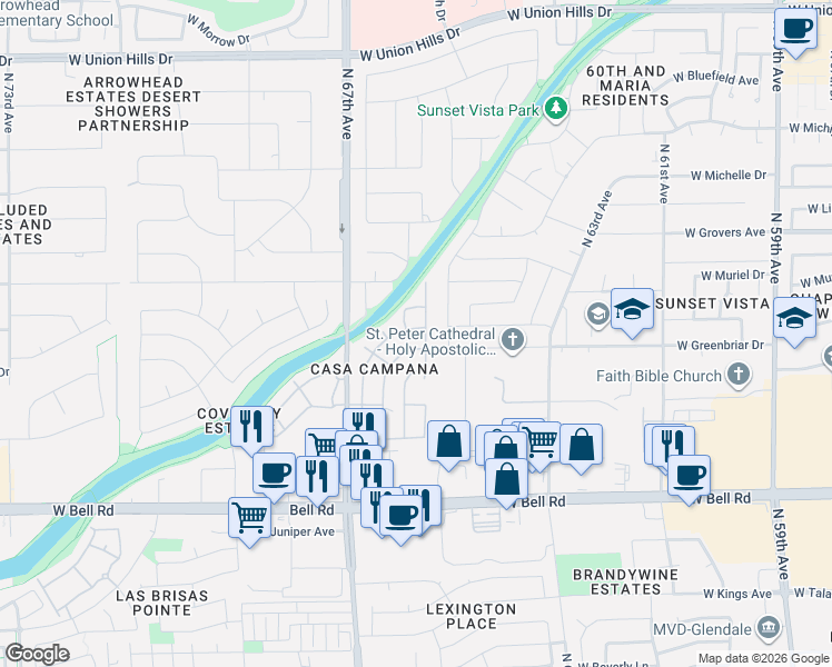 map of restaurants, bars, coffee shops, grocery stores, and more near 17276 North 66th Drive in Glendale