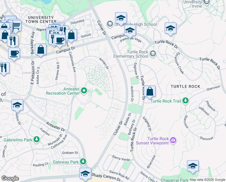 map of restaurants, bars, coffee shops, grocery stores, and more near 40522 Arroyo Drive in Irvine