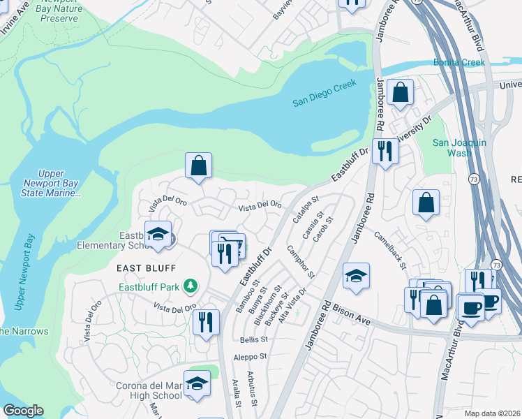 map of restaurants, bars, coffee shops, grocery stores, and more near 2715 Vista Umbrosa in Newport Beach