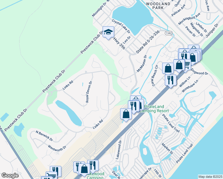 map of restaurants, bars, coffee shops, grocery stores, and more near 201 Pipers Lane in Myrtle Beach