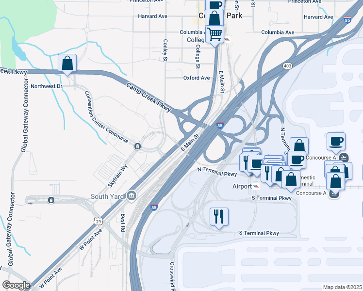 map of restaurants, bars, coffee shops, grocery stores, and more near 0 Roosevelt Highway in Fairburn