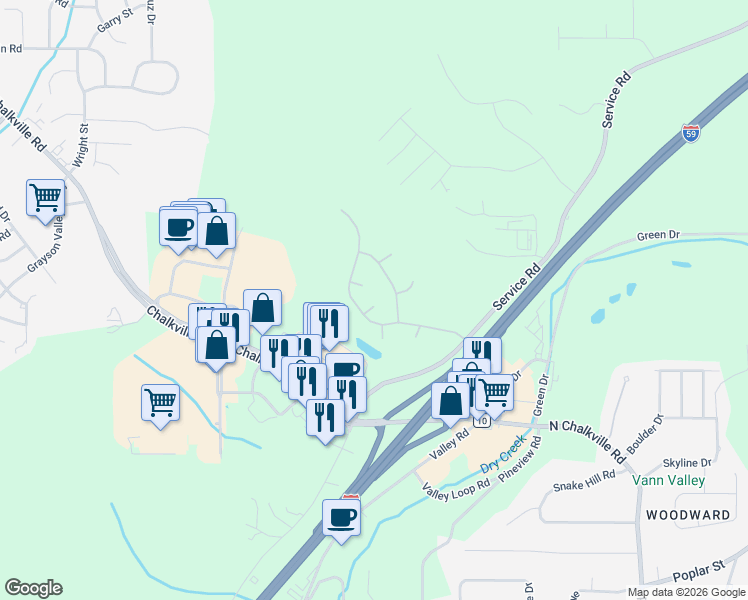 map of restaurants, bars, coffee shops, grocery stores, and more near 6415 Misty Ridge Drive in Birmingham