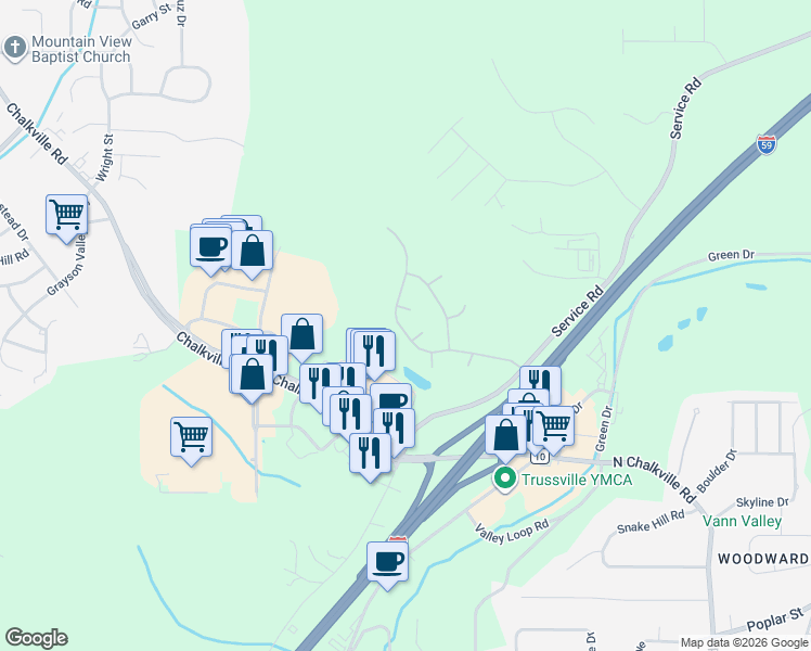 map of restaurants, bars, coffee shops, grocery stores, and more near 6415 Misty Ridge Drive in Birmingham