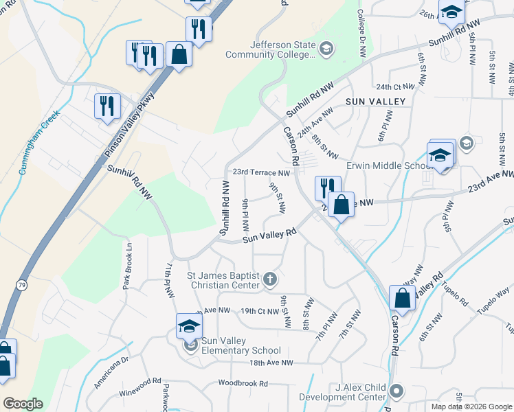 map of restaurants, bars, coffee shops, grocery stores, and more near 2317 9th Place Northwest in Center Point