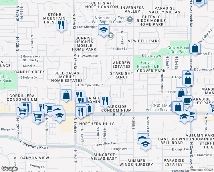 map of restaurants, bars, coffee shops, grocery stores, and more near 1814 East Bell Road in Phoenix