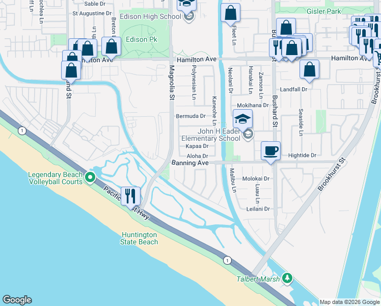 map of restaurants, bars, coffee shops, grocery stores, and more near 9102 Aloha Drive in Huntington Beach