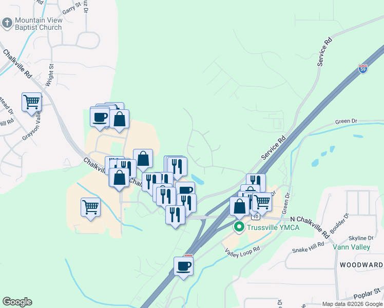 map of restaurants, bars, coffee shops, grocery stores, and more near 6415 Misty Ridge Drive in Birmingham