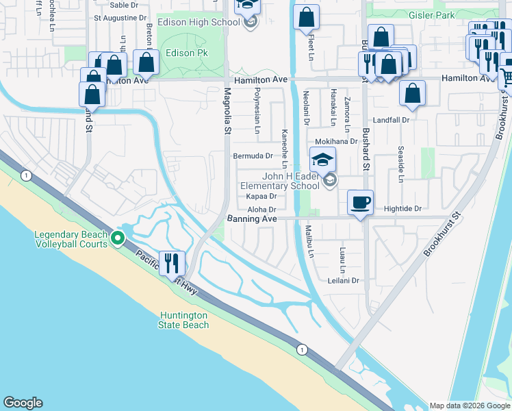 map of restaurants, bars, coffee shops, grocery stores, and more near 9102 Aloha Drive in Huntington Beach