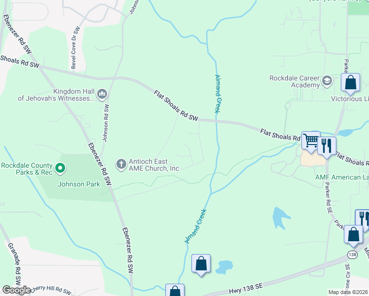 map of restaurants, bars, coffee shops, grocery stores, and more near 1404 Meadowind Court Southwest in Conyers