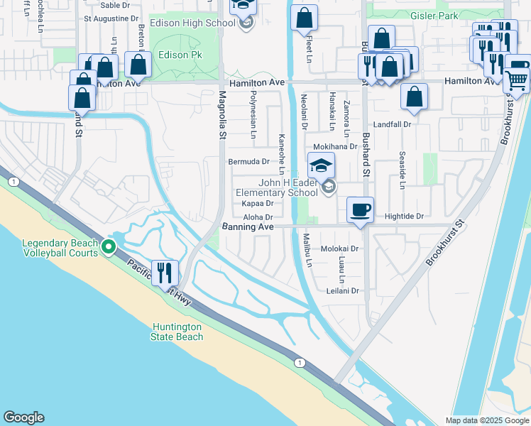 map of restaurants, bars, coffee shops, grocery stores, and more near 9141 Aloha Drive in Huntington Beach