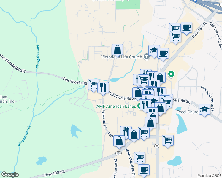 map of restaurants, bars, coffee shops, grocery stores, and more near 750 Flat Shoals Road Southwest in Conyers