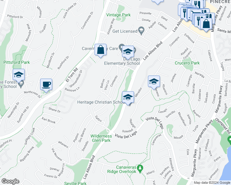 map of restaurants, bars, coffee shops, grocery stores, and more near 21952 Esplendor in Mission Viejo