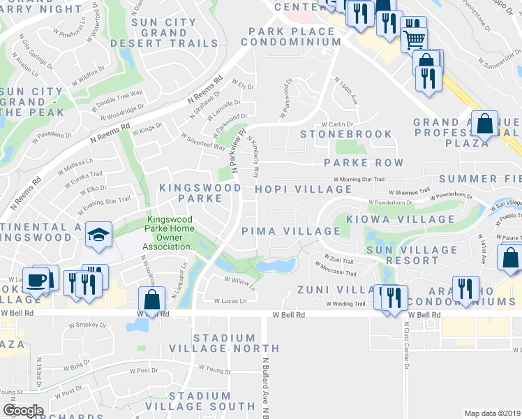 map of restaurants, bars, coffee shops, grocery stores, and more near 17409 North Kimberly Way in Surprise