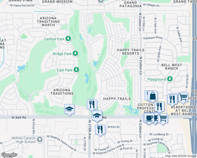 map of restaurants, bars, coffee shops, grocery stores, and more near Sunset Dr in Surprise