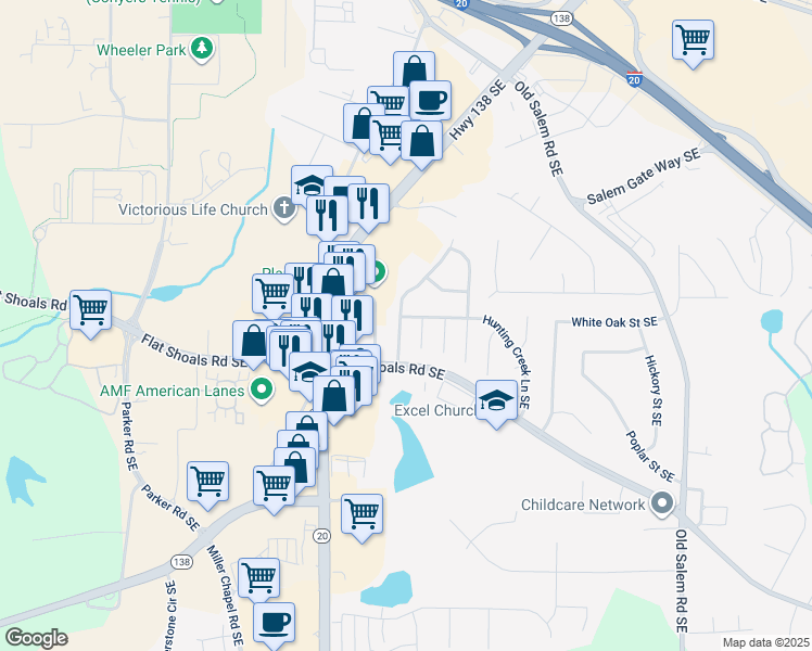 map of restaurants, bars, coffee shops, grocery stores, and more near 1735 Hunting Creek Drive Southeast in Conyers