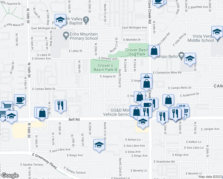 map of restaurants, bars, coffee shops, grocery stores, and more near 2125 East Campo Bello Drive in Phoenix