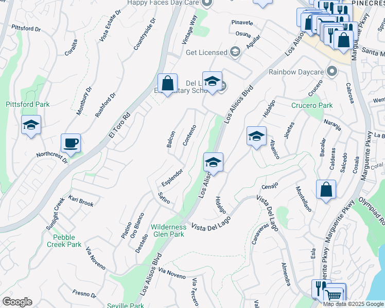 map of restaurants, bars, coffee shops, grocery stores, and more near 21952 Esplendor in Mission Viejo