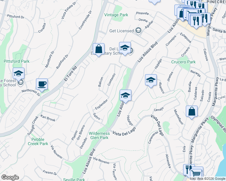 map of restaurants, bars, coffee shops, grocery stores, and more near 21952 Esplendor in Mission Viejo