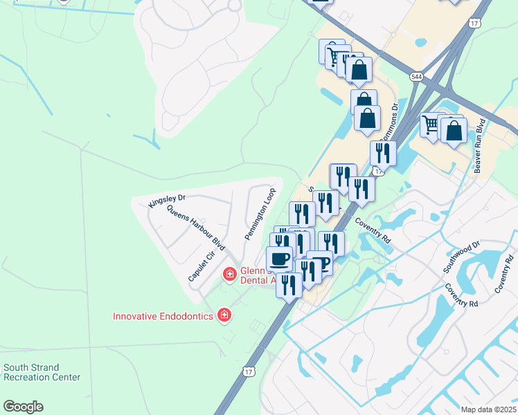 map of restaurants, bars, coffee shops, grocery stores, and more near 456 Pennington Loop in Myrtle Beach