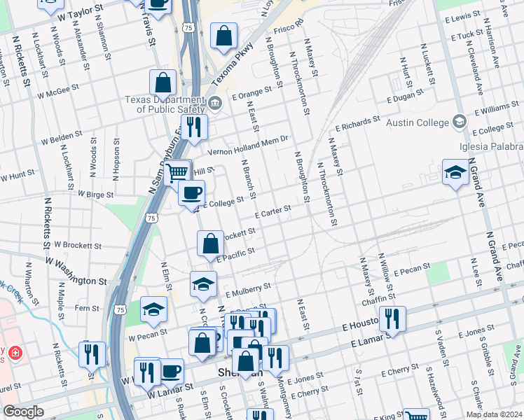 map of restaurants, bars, coffee shops, grocery stores, and more near 805 North Branch Street in Sherman