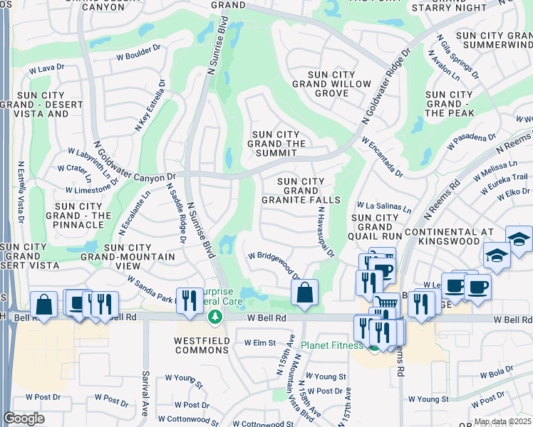 map of restaurants, bars, coffee shops, grocery stores, and more near 15885 West Arrowhead Drive in Surprise