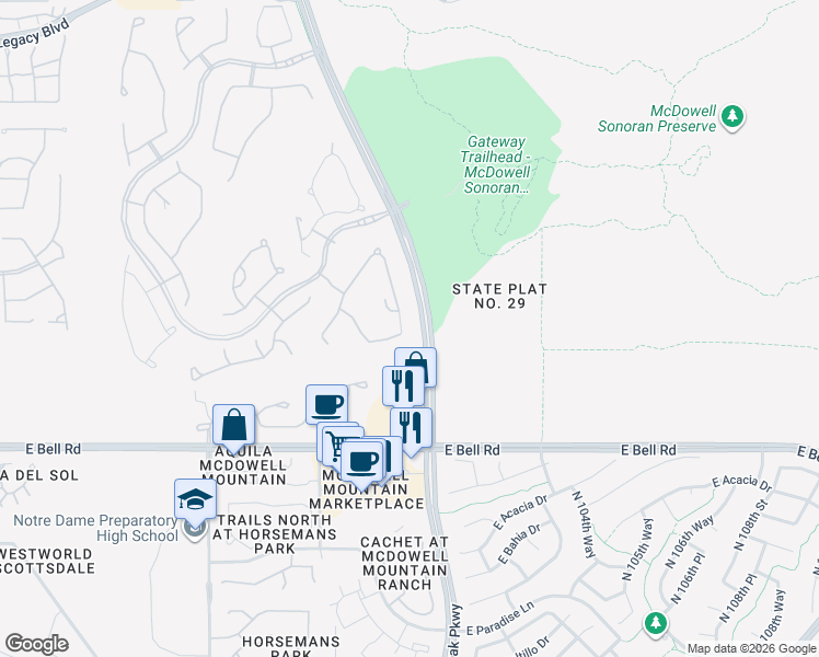 map of restaurants, bars, coffee shops, grocery stores, and more near 17425 North 101st Way in Scottsdale