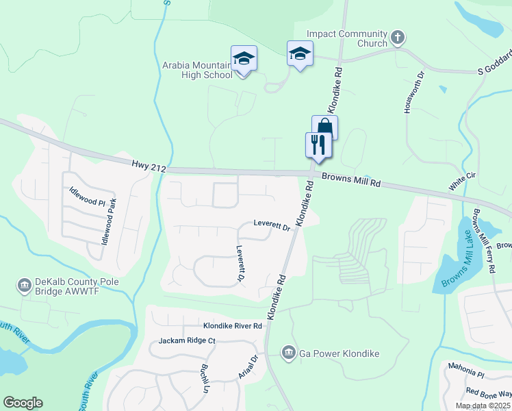 map of restaurants, bars, coffee shops, grocery stores, and more near 6381 Daisy Lane in Lithonia