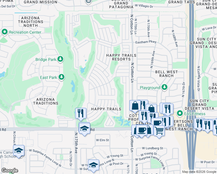 map of restaurants, bars, coffee shops, grocery stores, and more near 17200 West Bell Road in Surprise