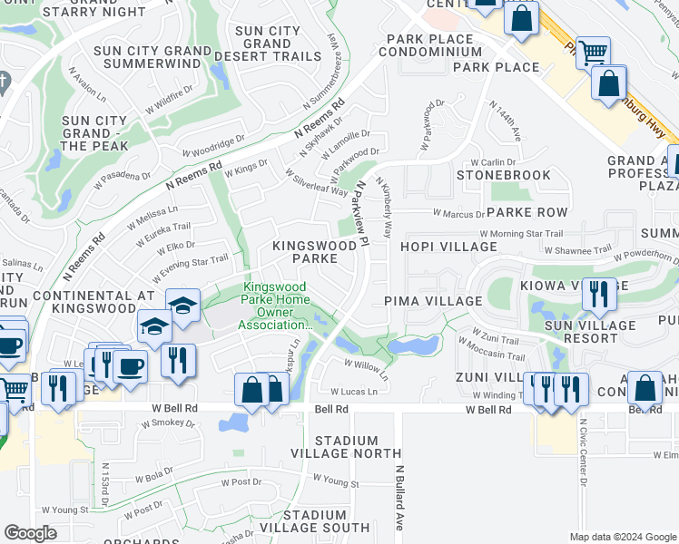 map of restaurants, bars, coffee shops, grocery stores, and more near 14819 West Dovestar Drive in Surprise