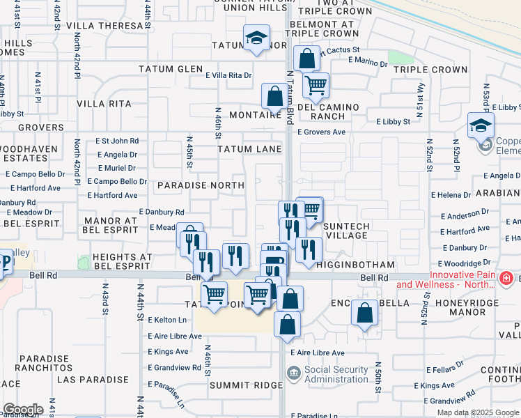 map of restaurants, bars, coffee shops, grocery stores, and more near 4722 East Bell Road in Phoenix