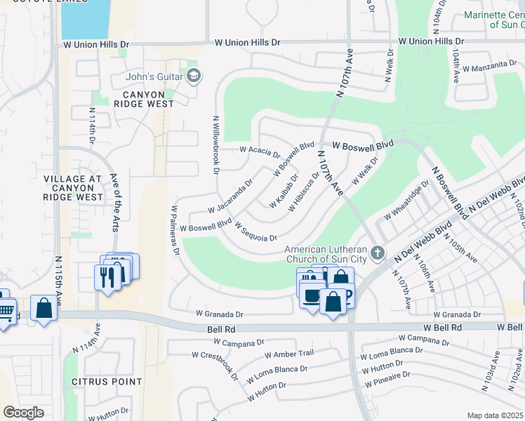 map of restaurants, bars, coffee shops, grocery stores, and more near 10905 West Kaibab Drive in Sun City